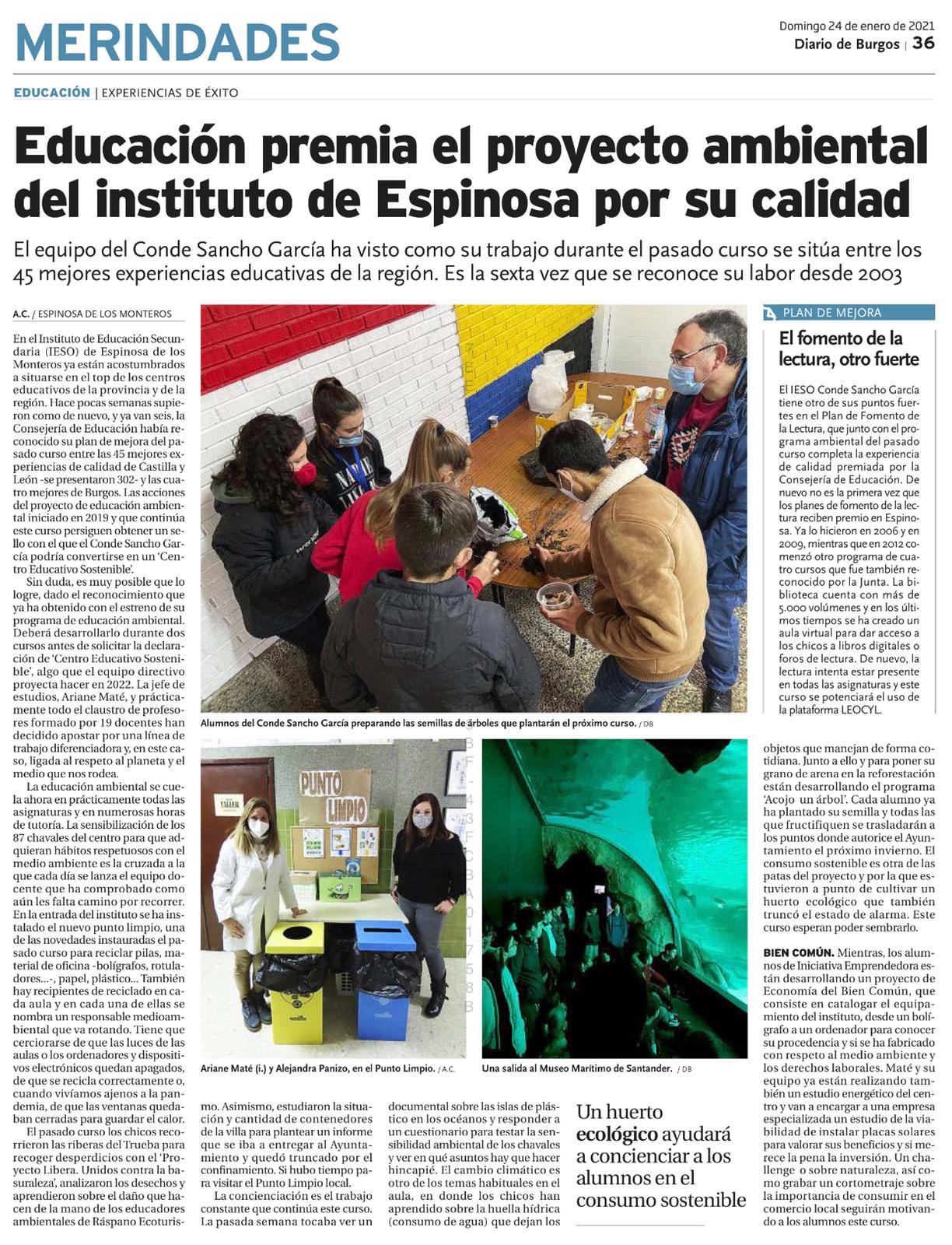 Diario de Burgos - Premio de calidad al proyecto ambiental